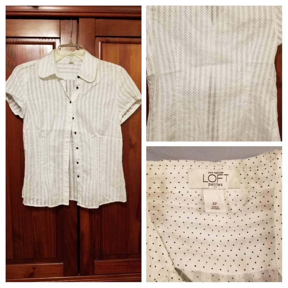 White polka dot button down work shirt